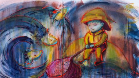 "Ebisu (Des Fischer's Sohn)", Acryl auf Leinen, hergestellt 2023, 90cm×180cm