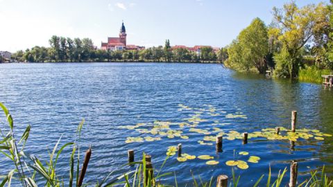 Blick auf die Kirche in Waren auf der Radtour Hotel AMSEE - Rund(e) um den Tiefwarensee